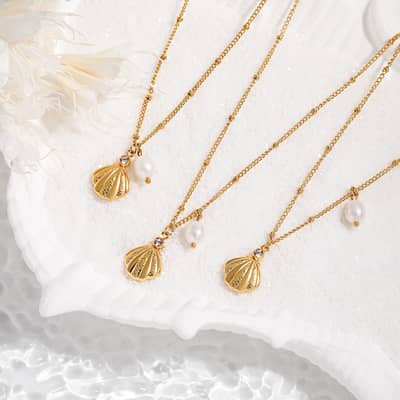 Freshwater Pearl Pendant Choker Necklace Steel Beads Seashell Gold Plated detail 2