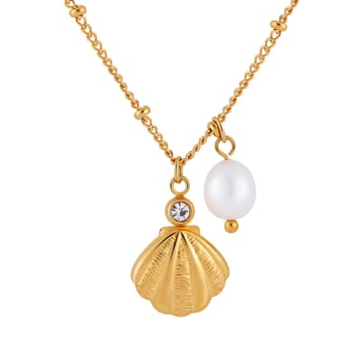 Freshwater Pearl Pendant Choker Necklace Steel Beads Seashell Gold Plated detail 3