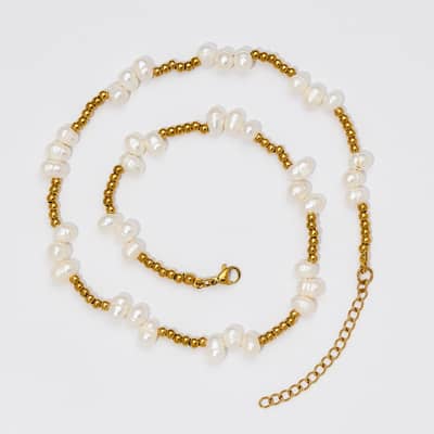 Luxury Stainless Steel Silver And Gold Beads Mixed With Freshwater Pearls Handmade Waterproof Collar Necklace detail 3