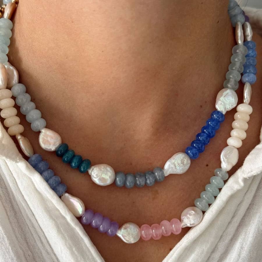 Natural Stone Freshwater Pearl Jewelry Mixed Gemstone Faceted Rounds Necklace - main