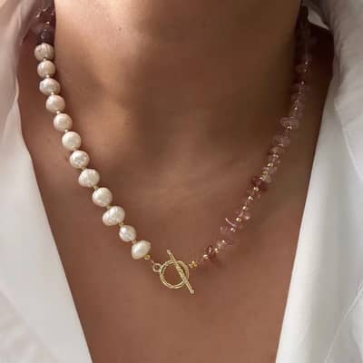 Freshwater Pearl Necklace With Natural Stone Shell Beaded Gold Plated Stainless Steel Clavicle Chain detail 3
