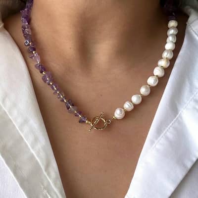 Freshwater Pearl Necklace With Natural Stone Shell Beaded Gold Plated Stainless Steel Clavicle Chain detail 4