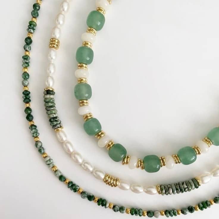 Vacation Style Lucky Baroque Pearl Choker Necklace With Green Natural Stone Beads Stainless Steel Chain - main