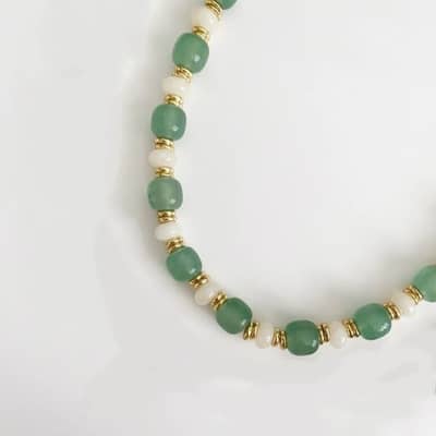 Vacation Style Lucky Baroque Pearl Choker Necklace With Green Natural Stone Beads Stainless Steel Chain detail 3