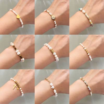 Vintage Style Freshwater Pearl Bracelet Natural Stone Gold Plated Stainless Steel Chain Bead Bangle detail 2