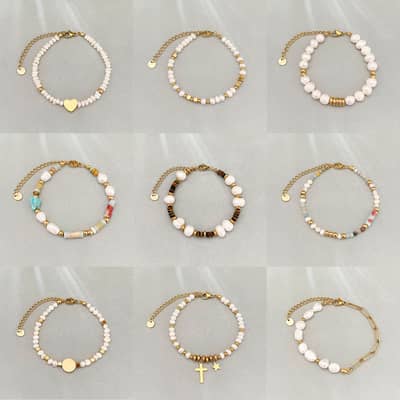 Vintage Style Freshwater Pearl Bracelet Natural Stone Gold Plated Stainless Steel Chain Bead Bangle detail 3