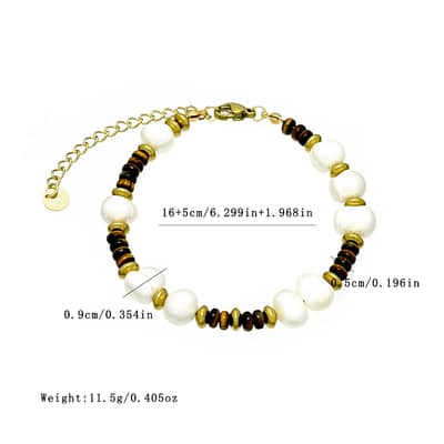 Vintage Style Freshwater Pearl Bracelet Natural Stone Gold Plated Stainless Steel Chain Bead Bangle detail 4