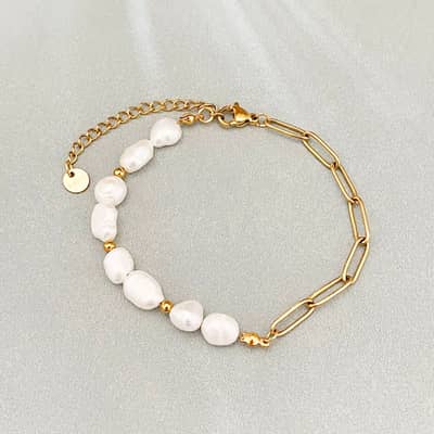Vintage Style Freshwater Pearl Bracelet Natural Stone Gold Plated Stainless Steel Chain Bead Bangle detail 6