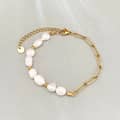 Vintage Style Freshwater Pearl Bracelet Natural Stone Gold Plated Stainless Steel Chain Bead Bangle 6