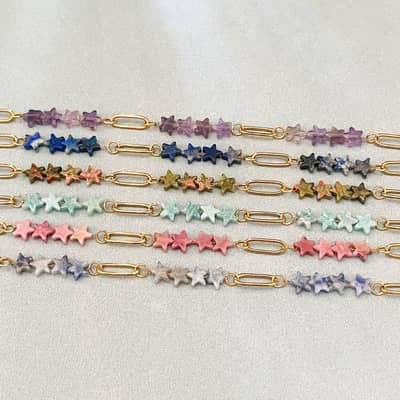 Dainty Stainless Steel Natural Stone Star Shaped Paper Clip Chain Link Bracelet With Extended Gold Plated Chain detail 1