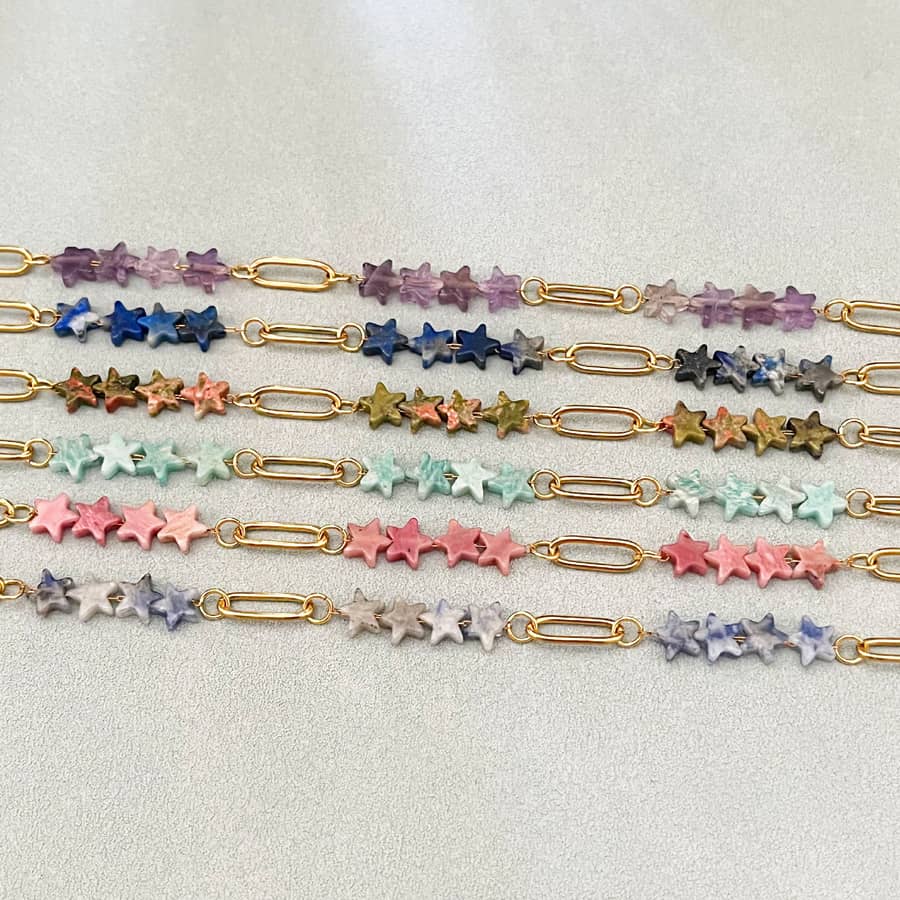 Dainty Stainless Steel Natural Stone Star Shaped Paper Clip Chain Link Bracelet With Extended Gold Plated Chain - main