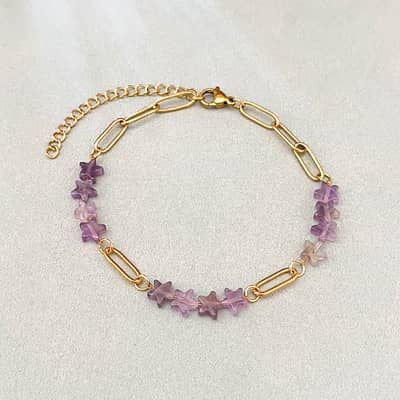 Dainty Stainless Steel Natural Stone Star Shaped Paper Clip Chain Link Bracelet With Extended Gold Plated Chain detail 3