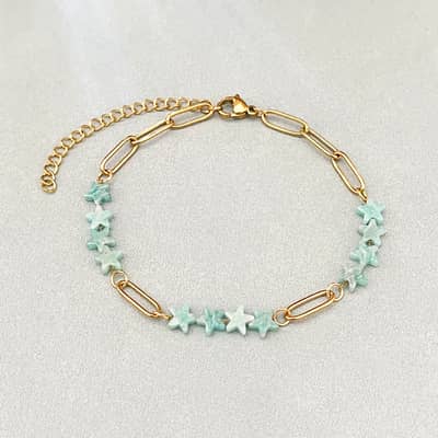 Dainty Stainless Steel Natural Stone Star Shaped Paper Clip Chain Link Bracelet With Extended Gold Plated Chain detail 4