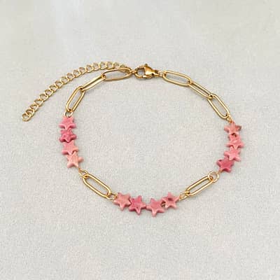 Dainty Stainless Steel Natural Stone Star Shaped Paper Clip Chain Link Bracelet With Extended Gold Plated Chain detail 5