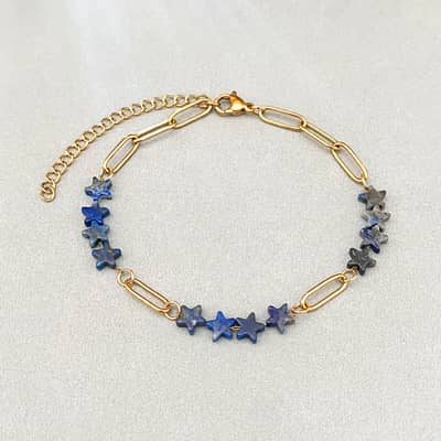 Dainty Stainless Steel Natural Stone Star Shaped Paper Clip Chain Link Bracelet With Extended Gold Plated Chain detail 6