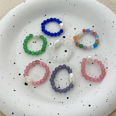 Quartz Pure Color Natural Stone Pearl Bead Rings, Elastic Adjustable detail 1