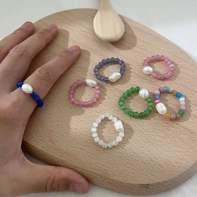 Quartz Pure Color Natural Stone Pearl Bead Rings, Elastic Adjustable detail 2