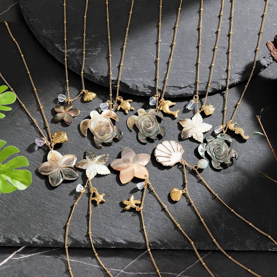 Fashion No Tarnish 18K Gold Stainless Steel Dolphin Seashell Necklace With Natural Abalone Shell Turtle Flower Pendant Necklaces - main