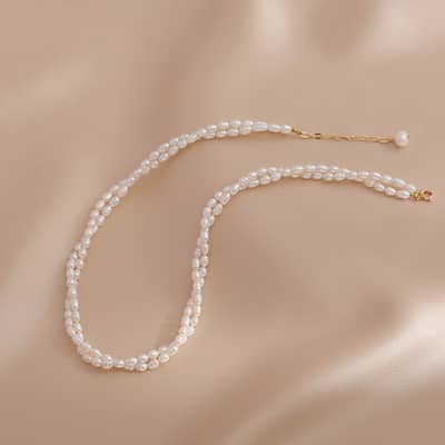 Double Layer Rice Shape Natural Pearl Beaded Necklace Handmade detail 1