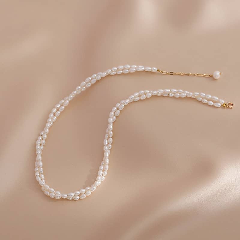Double Layer Rice Shape Natural Pearl Beaded Necklace Handmade - main
