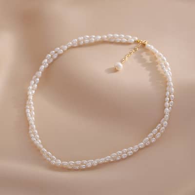 Double Layer Rice Shape Natural Pearl Beaded Necklace Handmade detail 2