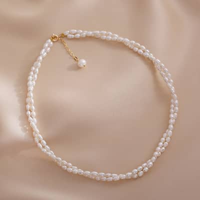 Double Layer Rice Shape Natural Pearl Beaded Necklace Handmade detail 5