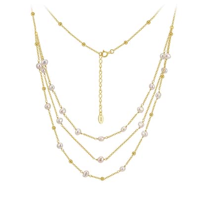 925 Sterling Silver 14K Gold Plated Three Layered Freshwater Pearl Chain Elegant Necklace detail 1
