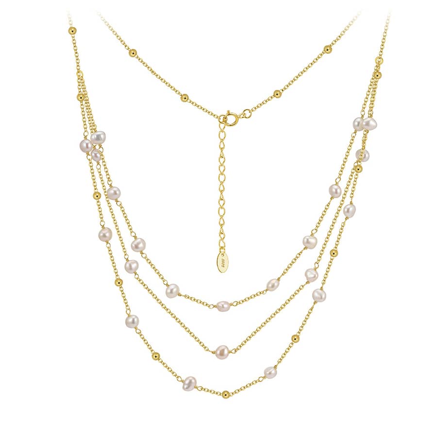 925 Sterling Silver 14K Gold Plated Three Layered Freshwater Pearl Chain Elegant Necklace - main