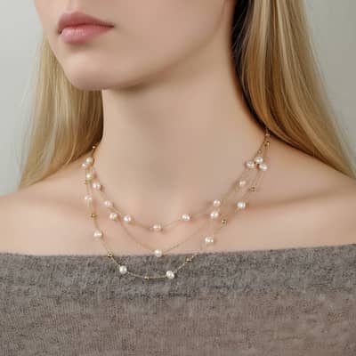925 Sterling Silver 14K Gold Plated Three Layered Freshwater Pearl Chain Elegant Necklace detail 2
