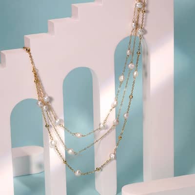 925 Sterling Silver 14K Gold Plated Three Layered Freshwater Pearl Chain Elegant Necklace detail 3