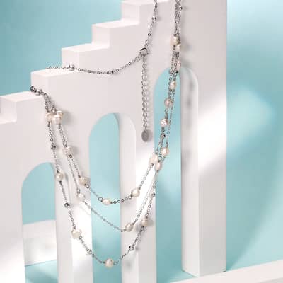 925 Sterling Silver 14K Gold Plated Three Layered Freshwater Pearl Chain Elegant Necklace detail 4