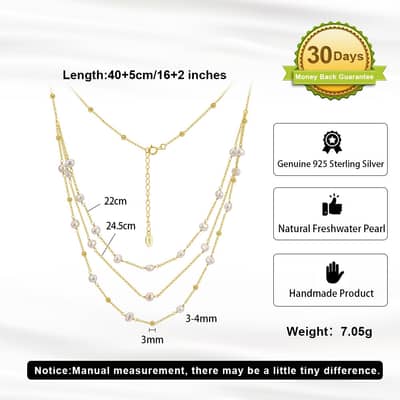 925 Sterling Silver 14K Gold Plated Three Layered Freshwater Pearl Chain Elegant Necklace detail 5