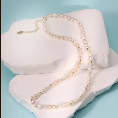 925 Sterling Silver 14K Gold Plated Freshwater Baroque Pearl Beaded Necklace detail 3
