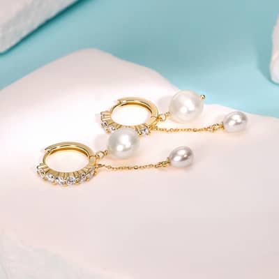 925 Silver Baroque Freshwater Pearl Dangle Hoop Earrings Gold Plated Cubic Zirconia Huggie detail 4