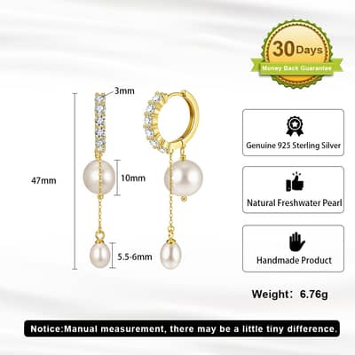 925 Silver Baroque Freshwater Pearl Dangle Hoop Earrings Gold Plated Cubic Zirconia Huggie detail 5
