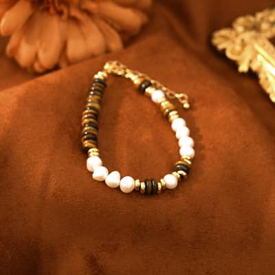 Splicing Design Amber Crystal Tiger Eye Loose Beads Bracelet Handwoven Stainless Steel Freshwater Pearl Bangle detail 1