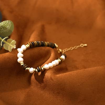 Splicing Design Amber Crystal Tiger Eye Loose Beads Bracelet Handwoven Stainless Steel Freshwater Pearl Bangle detail 2