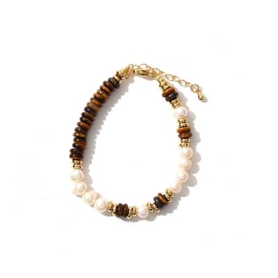 Splicing Design Amber Crystal Tiger Eye Loose Beads Bracelet Handwoven Stainless Steel Freshwater Pearl Bangle detail 6