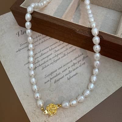 Trendy Handmade Baroque Freshwater Pearl Beads Necklace Gold Plated Rose Choker detail 4