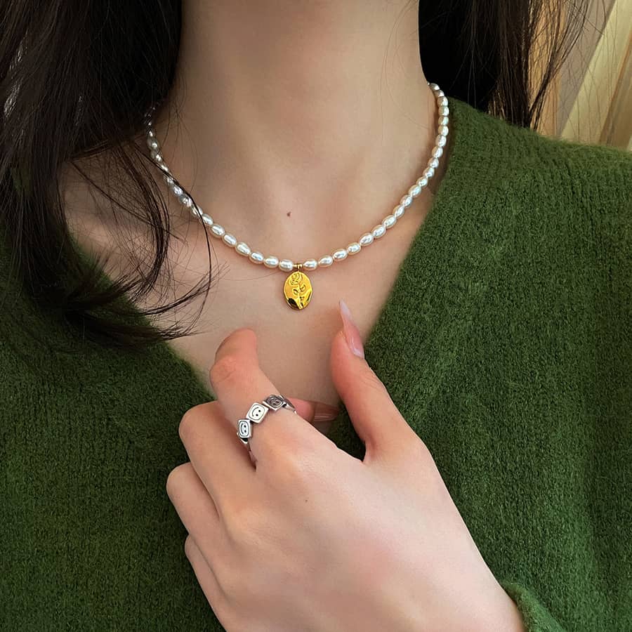 Gold Plated Stainless Steel Rice Shape Natural Pearl Bead Chain Relief Rose Pendant Necklace - main