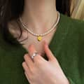 Gold Plated Stainless Steel Rice Shape Natural Pearl Bead Chain Relief Rose Pendant Necklace 1