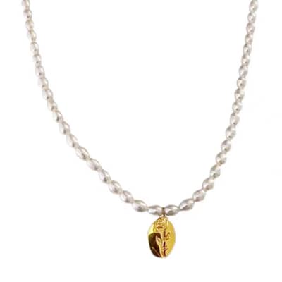 Gold Plated Stainless Steel Rice Shape Natural Pearl Bead Chain Relief Rose Pendant Necklace detail 2