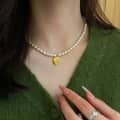 Gold Plated Stainless Steel Rice Shape Natural Pearl Bead Chain Relief Rose Pendant Necklace 4