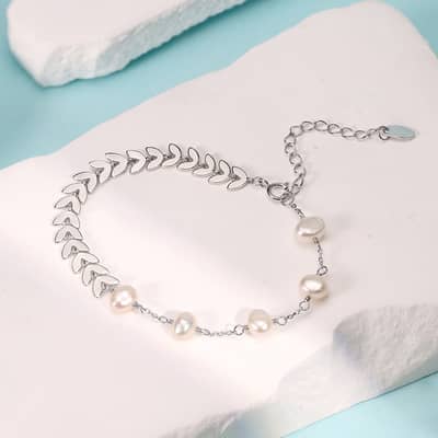 925 Sterling Silver 14K Gold Plated Wheat Chain Baroque Freshwater Pearl Bracelet detail 2