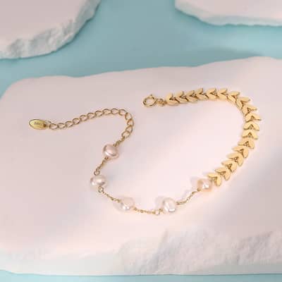925 Sterling Silver 14K Gold Plated Wheat Chain Baroque Freshwater Pearl Bracelet detail 4