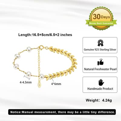 925 Sterling Silver 14K Gold Plated Wheat Chain Baroque Freshwater Pearl Bracelet detail 5