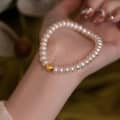 Korean Natural Freshwater Baroque Pearl Beaded Bracelet Gold Plated Stainless Steel Heart Charm Bracelet 3