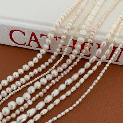 Design Round Rice Shape Irregular Baroque Freshwater Pearl Beads Stainless Steel Necklace detail 1
