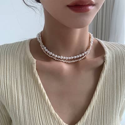 Design Round Rice Shape Irregular Baroque Freshwater Pearl Beads Stainless Steel Necklace detail 3