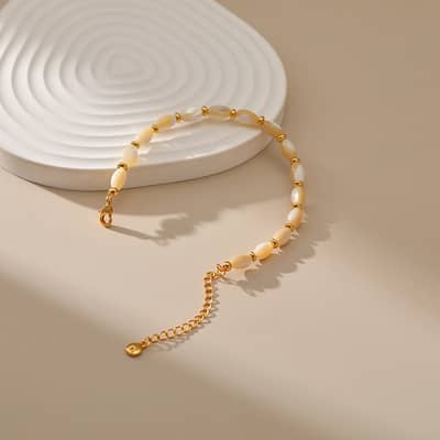 Trendy Handmade Adjustable Gold Plated Stainless Steel Natural Rice Shape Shell Beaded Bracelet detail 1